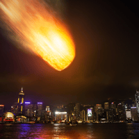 a fiery meteor about to strike a large city.